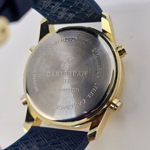 43MM Caribbean Joe Men's Digital Watch Alarm Chrono Gold Case Blue Plastic Bands - Picture 9 of 15